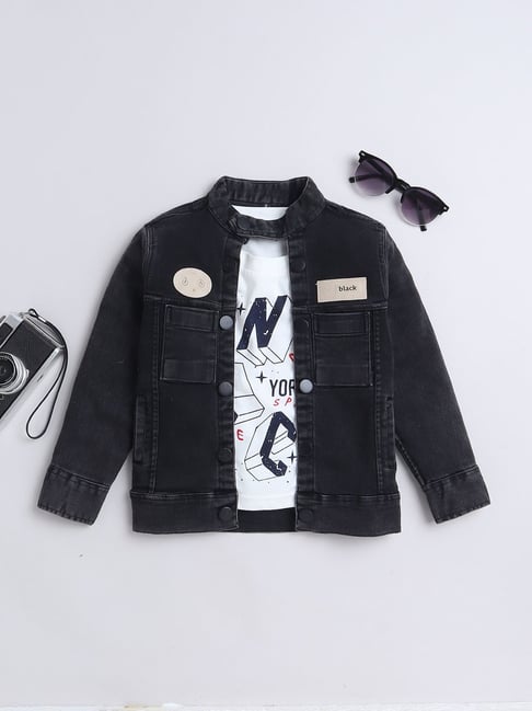 Ministitch Boys Black Denim Regular Fit Printed Jacket with T-Shirt