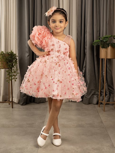 Ministitch Girls Peach Flared Fit Party Dress