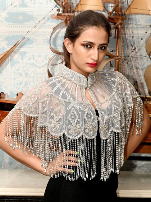 Odette Grey Beads Embellished Regular Fit Cape