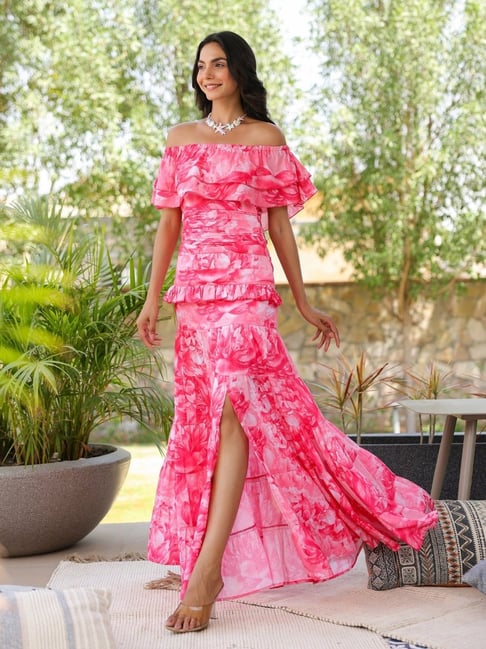 BInfinite Pink Sunkissed Ruffled Rose Peony Comfort Fit Maxi Off Shoulder  Dress