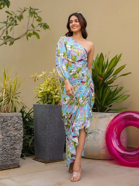 BInfinite Blue Sunkissed Marine Floral Semi Fit One Shoulder Maxi Dress-picture-48