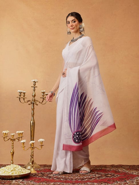 Silk Land Off White Cotton Blend Printed Saree With Unstiched Blouse-picture-29