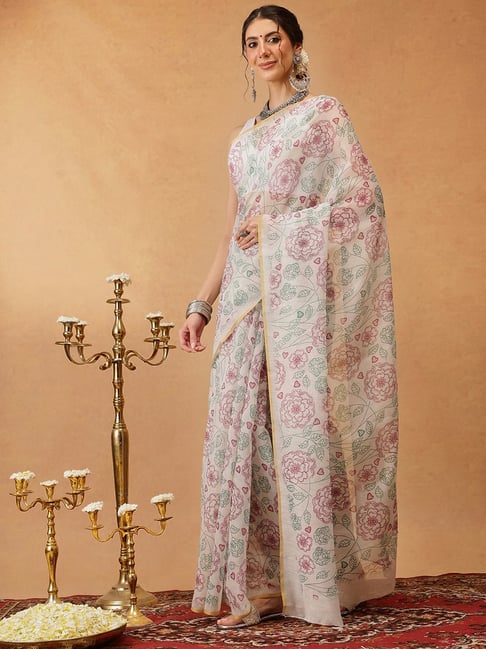 Silk Land Off White Cotton Blend Floral Saree With Unstiched Blouse-picture-28
