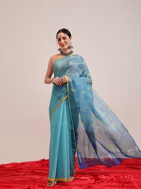 Silk Land Teal Cotton Blend Printed Saree With Unstiched Blouse-picture-11