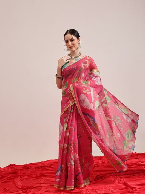 Silk Land Pink Cotton Silk Printed Saree With Unstiched Blouse-picture-21