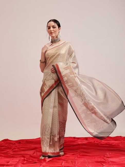 Silk Land Beige Cotton Silk Printed Saree With Unstiched Blouse-picture-22