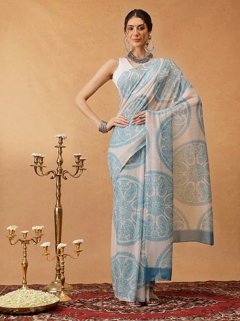 Silk Land Beige Cotton Blend Paisley Saree With Unstiched Blouse-picture-15