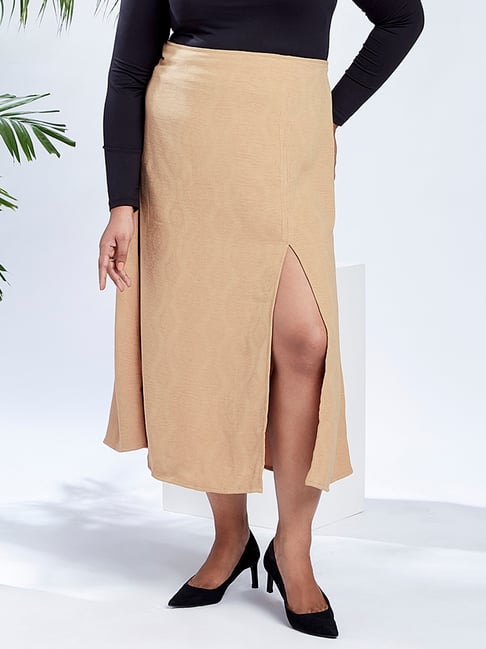 Globus Gloplus Women Beige Mid-Rise Self Design Bohemian Front Slit Plus Size A-Line Midi Skirt-picture-17