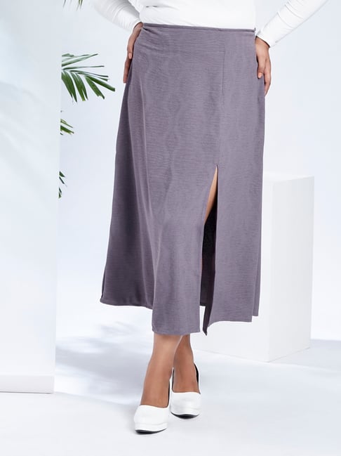 Globus Gloplus Women Grey Mid-Rise Self Design Bohemian Front Slit Plus Size A-Line Midi Skirt-picture-15