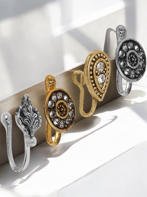 OOMPH Set of 4 Antique Gold & Oxidised Silver Nose Pin Non-Piercing For Women-picture-16