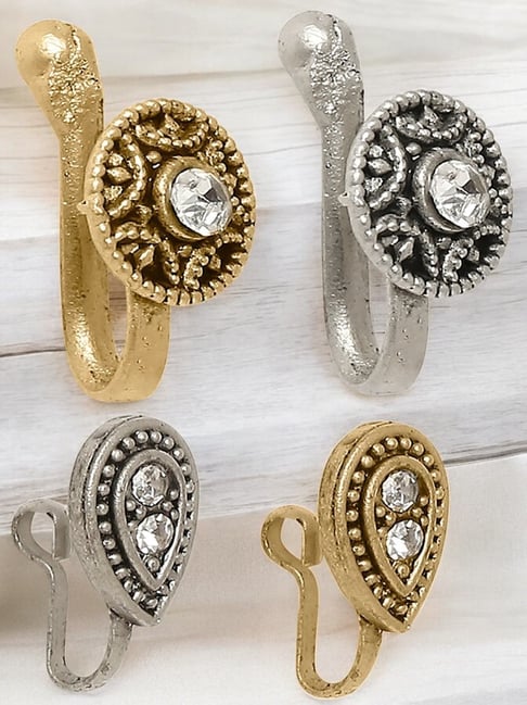 OOMPH Set of 4 Antique Gold & Oxidised Silver Nose Pin Non-Piercing For Women-picture-17