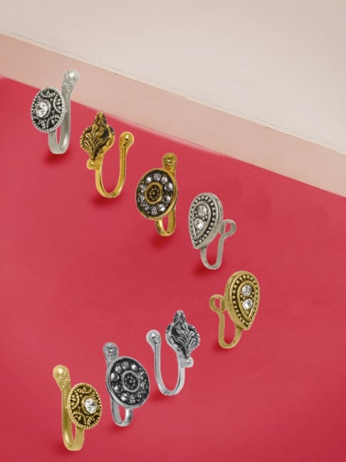 OOMPH Set of 8 Antique Gold & Oxidised Stones & Pearls Ethnic Nose Ring For Women