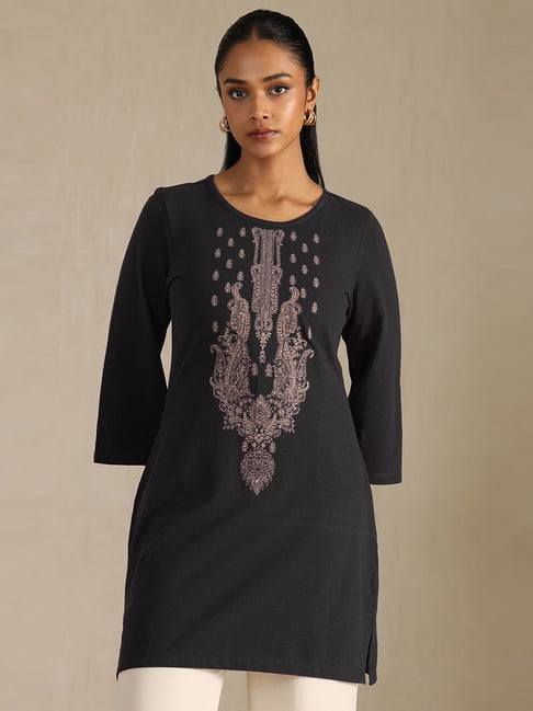 Soch Black Cotton Regular Fit Embroidered Kurtis-picture-43