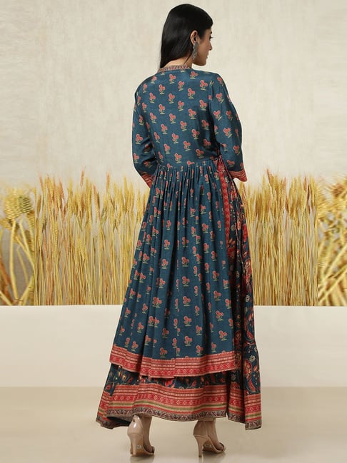 Soch Teal Blue Regular Fit Floral Print Ethnic Dress