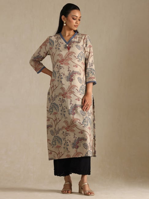 Soch Beige Linen Regular Fit Floral Print Kurtas-picture-24