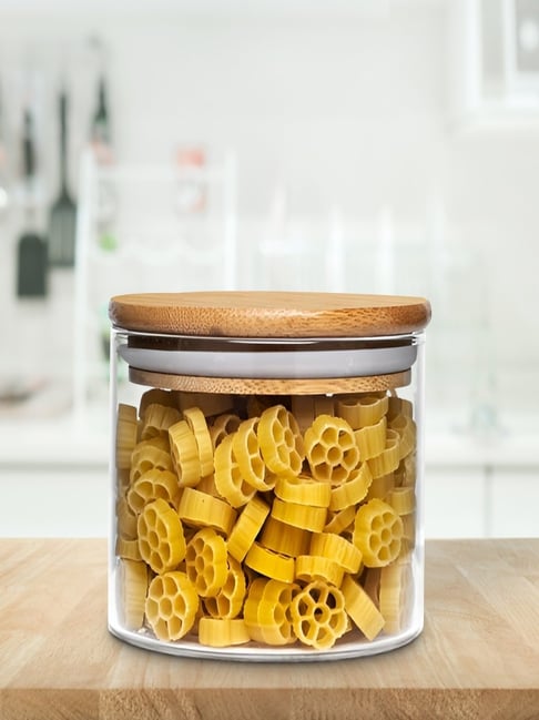 ALLO Transparent Borosilicate Glass Round Jar with Wooden Lid (300 ml)