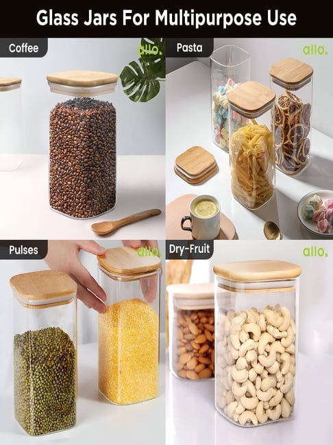 Buy ALLO Borosilicate Glass Jar with Wooden Lid Set of (600 ml