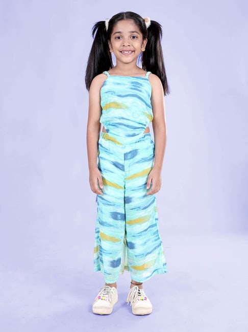 Kiddopanti Girls Aqua Green Printed Jumpsuit