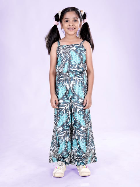 Kiddopanti Girls Black & Green Printed Jumpsuit
