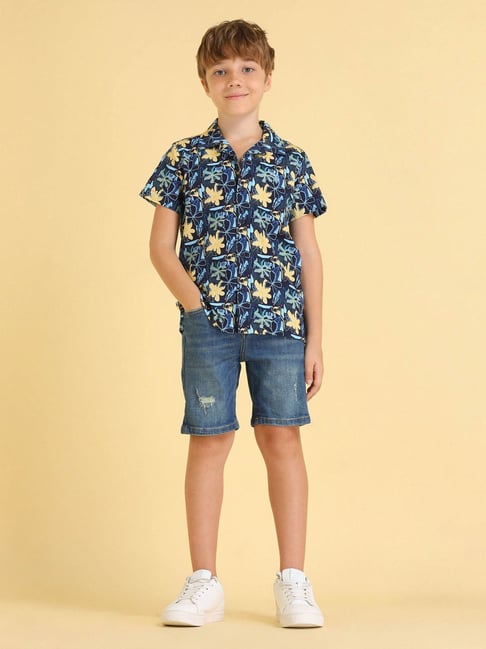 U.S. Polo Assn. Boys Blue Floral Printed Seersucker Shirt