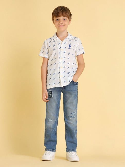U.S. Polo Assn. Boys White Brand Printed Seersucker Shirt-picture-15