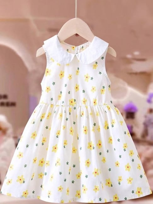 Bolly Lounge Girls White Cotton Blend Sleevless Floral Print Dress
