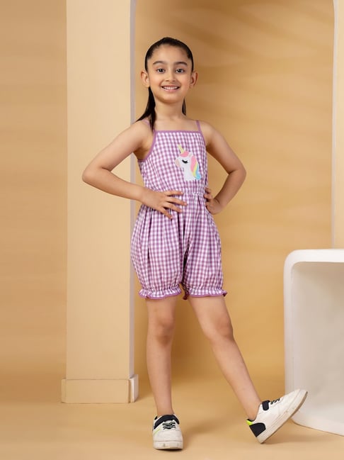Budding Bees Girls Purple Cotton Regular Fit Chequered Jumpsuit