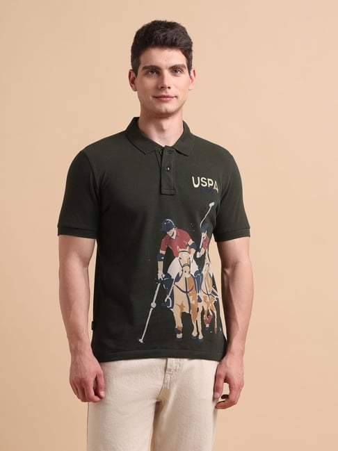 Polo Denim Green Cotton Slim Fit Logo Printed Polo T-Shirt