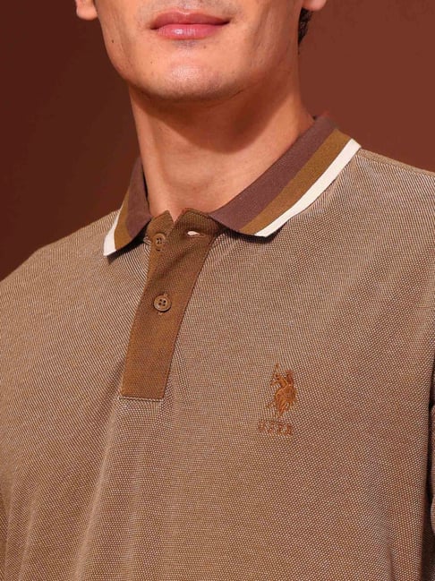 U.S. Polo Assn. Brown Cotton Slim Fit Texture Polo T-Shirt
