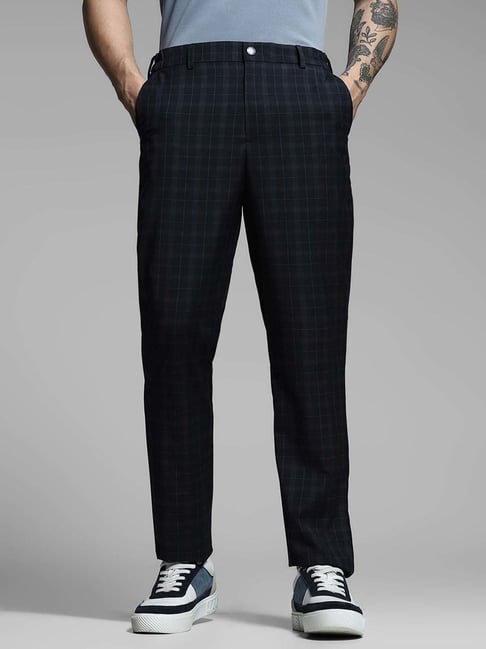 Jack Jones Navy Slim Fit Checks Trousers