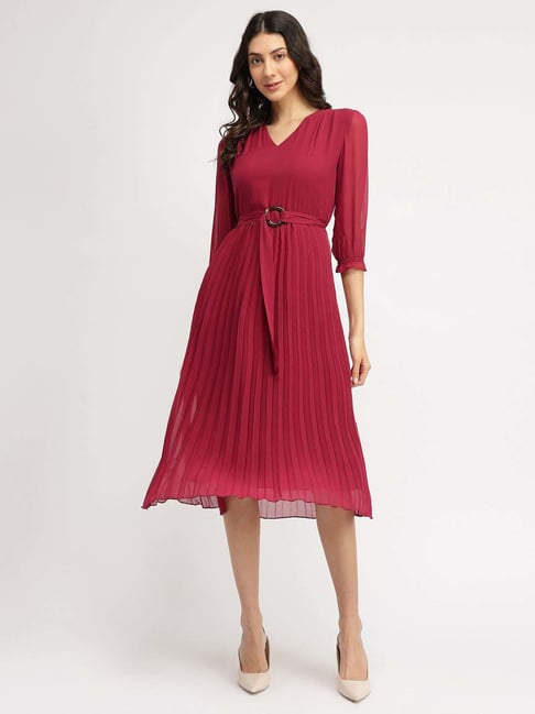 Buy Pleated Fit and Flare Dress - Burgundy at Best Price @ Tata CLiQ