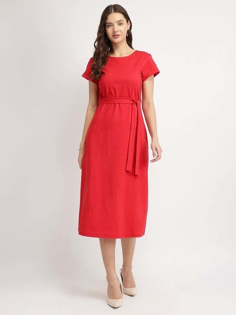 Fablestreet Red Cotton Knit A-Line Dress-picture-32