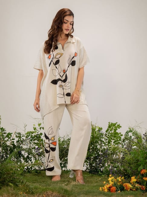 Kaftanize Cream Linen Comfort Fit Printed Co-Ord Set