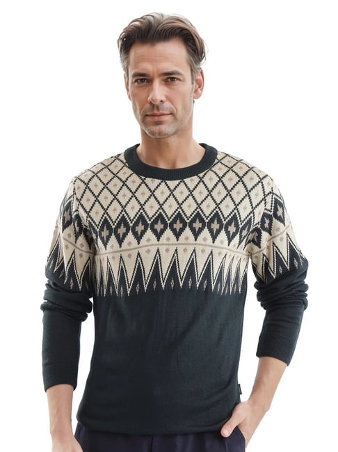 Rare Rabbit Navy Regular Fit Geometric Sweater