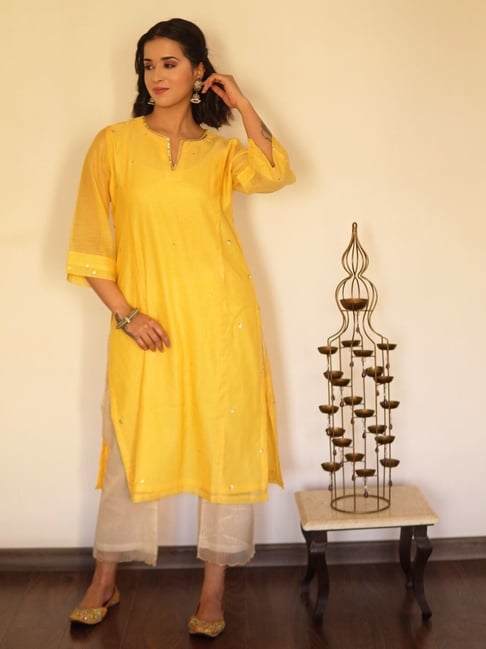 Spring Soul Yellow Chanderi Silk A-line Fit Embellished Kurta-picture-18