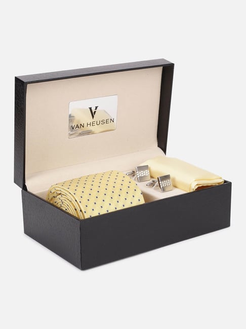 Van Heusen Beige Polyester Printed Tie, Pocket Square & Cufflink