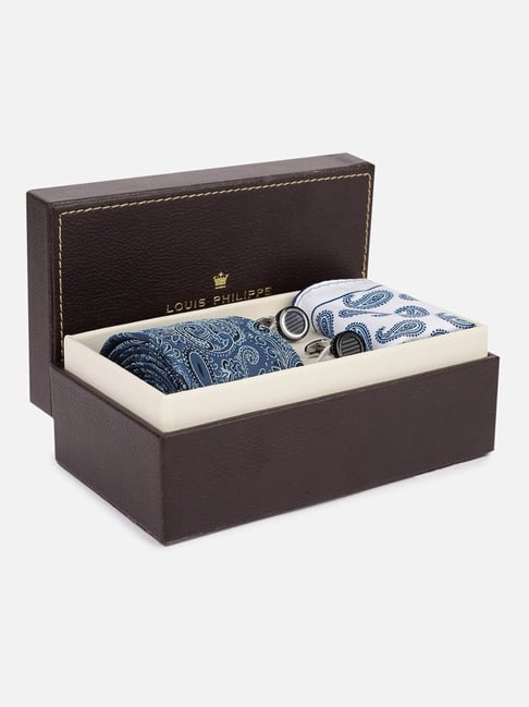 Louis Philippe Blue Polyester Printed Tie, Pocket Square & Cufflink