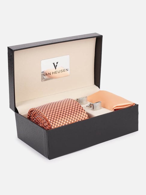 Van Heusen Peach Polyester Printed Tie, Pocket Square & Cufflink