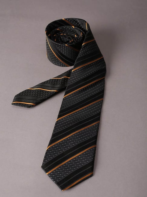 Peter England Black Microfiber Striped Tie