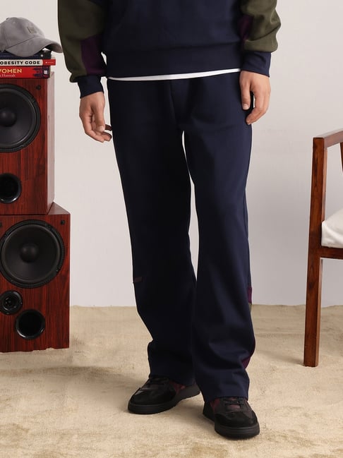 Rare Rabbit Navy Regular Fit Solid Trackpants-image-10