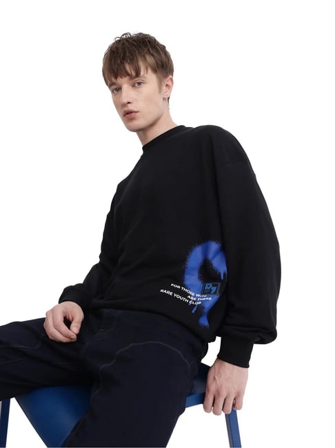 Rare Rabbit Black Boxy Fit Graphic Sweatshirt