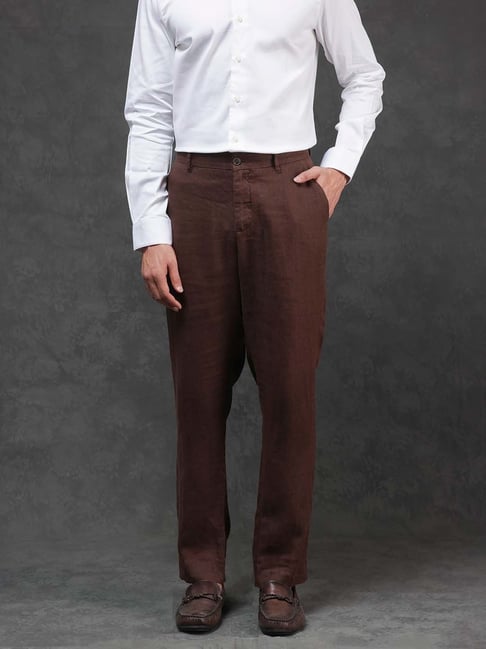 Rare Rabbit Brown Regular Fit Solid Trousers-picture-33