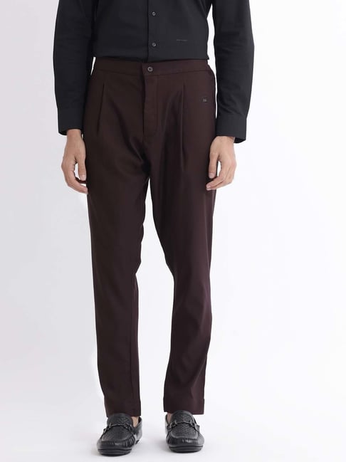 Rare Rabbit Maroon Slim Fit Fit Solid Trousers