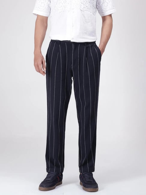 Rare Rabbit Navy Relaxed Fit Stripes Trousers-image-41