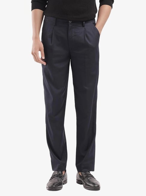 Rare Rabbit Navy Relaxed Fit Solid Trousers-picture-12