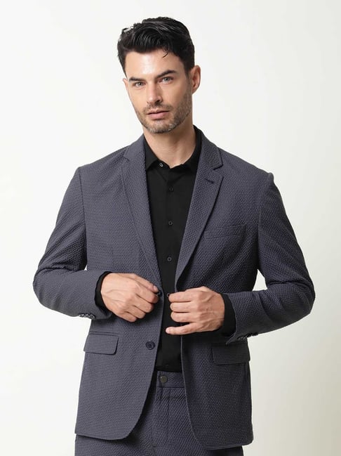 Rare Rabbit Navy Tailored Fit Checks Blazer