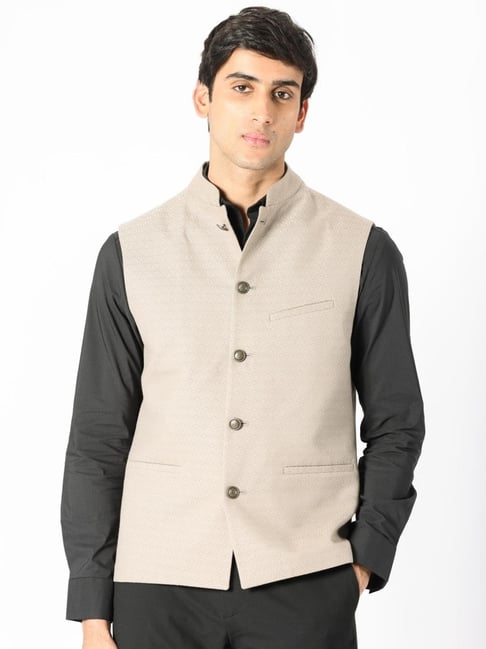 Rare Rabbit Beige Tailored Fit Jacquard Bandhgala