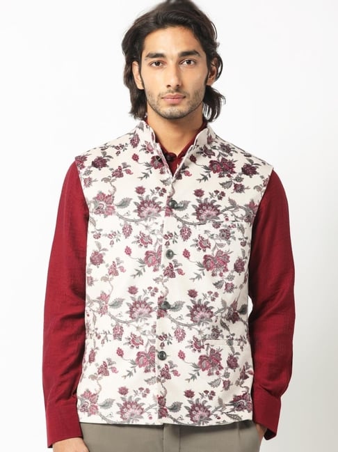 Rare Rabbit Beige Tailored Fit Floral Bandhgala