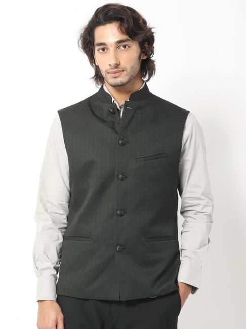 Rare Rabbit Black Tailored Fit Jacquard Bandhgala