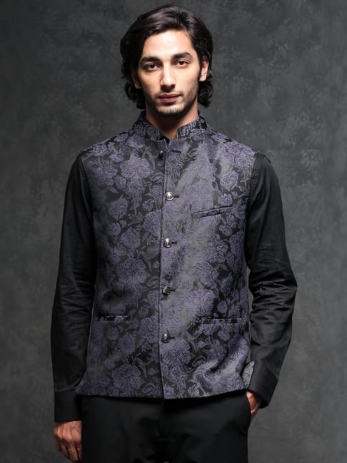 Rare Rabbit Navy Tailored Fit Jacquard Bandhgala